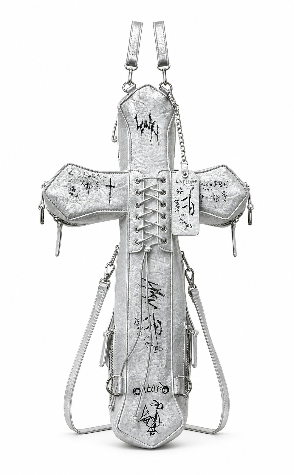 Front view of the distressed white Cross Bag showing its lacing and hardware